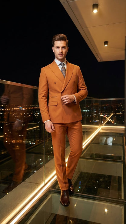 Mens Vitali Brand Rustish Orange Brown Copper Color Double Breasted Slim Fit Suit