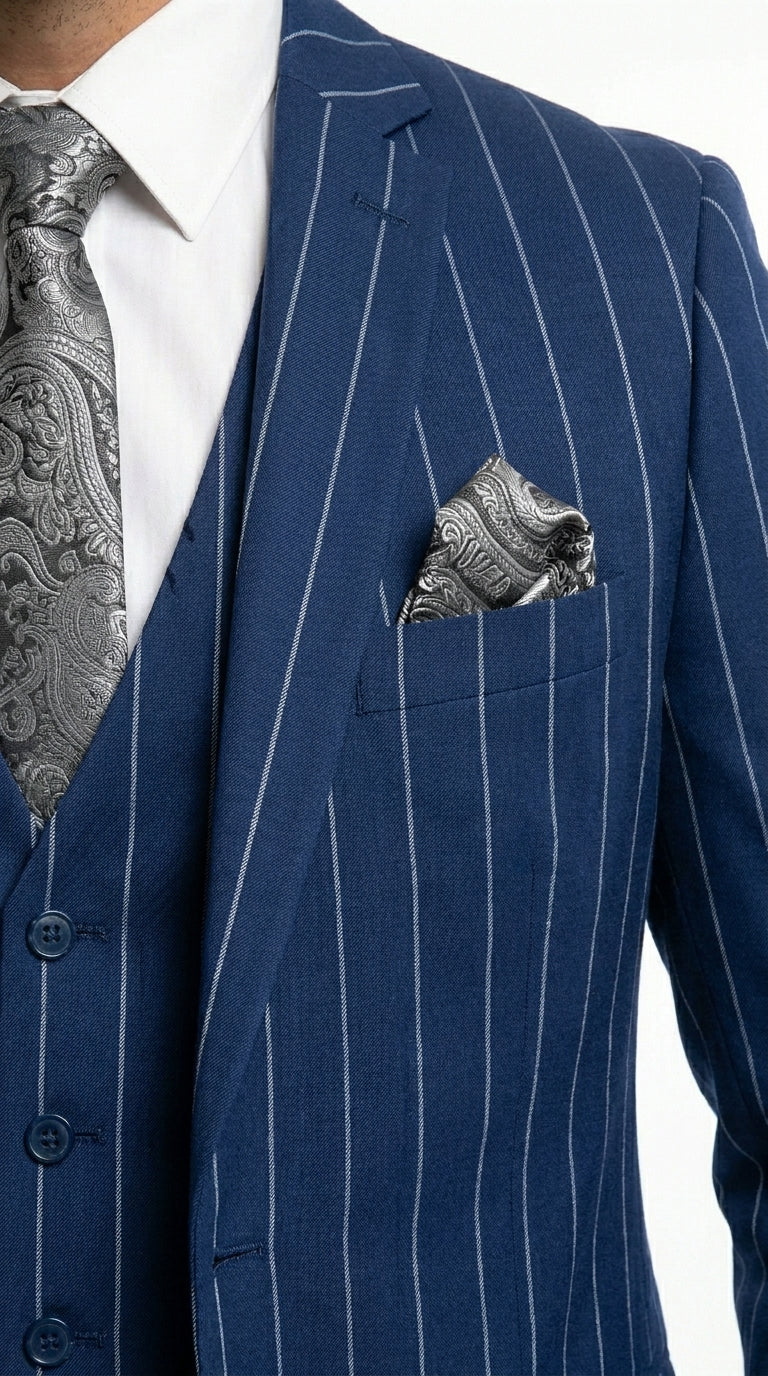 Men’s Navy Blue 1920s Gangster Stripe Vested Suit with White Pinstripes, 2 Button Dress Suit