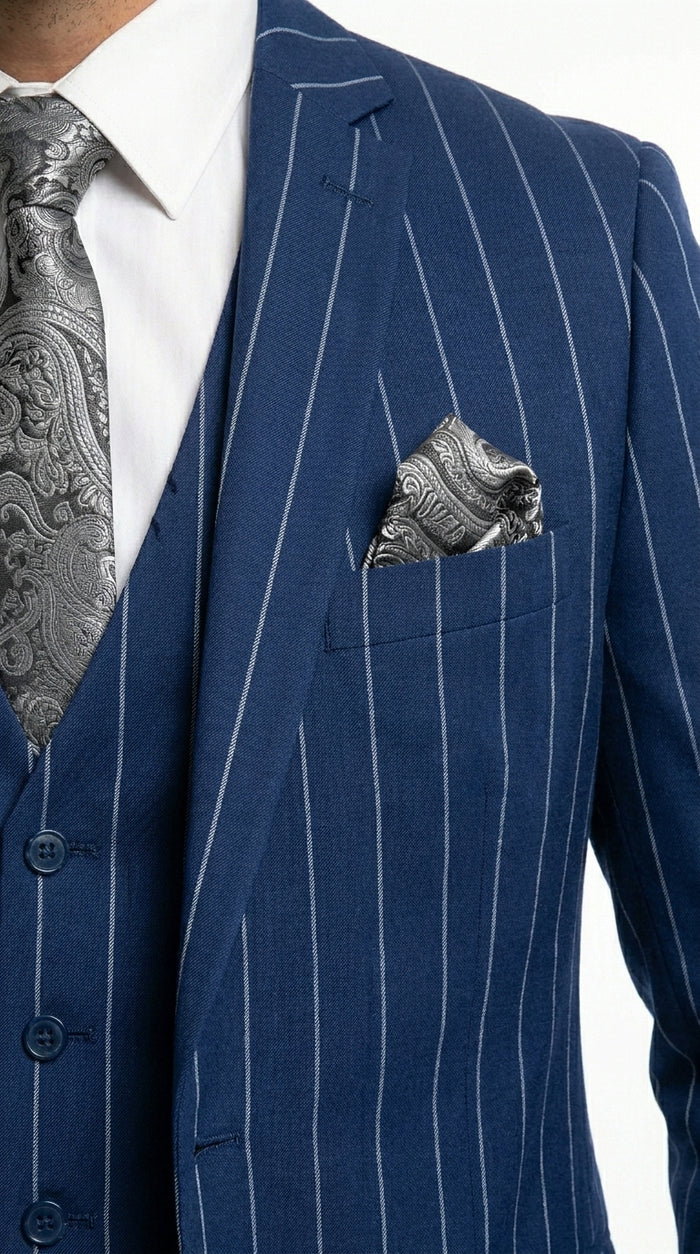 Men’s Navy Blue 1920s Gangster Stripe Vested Suit with White Pinstripes, 2 Button Dress Suit