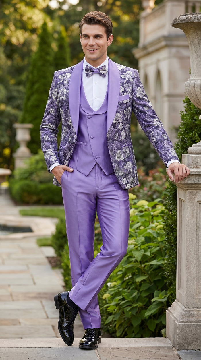 Men’s Lilac Lavender Prom Suit – Floral Shawl Lapel 3 Piece Tuxedo with Matching Vest and Pants
