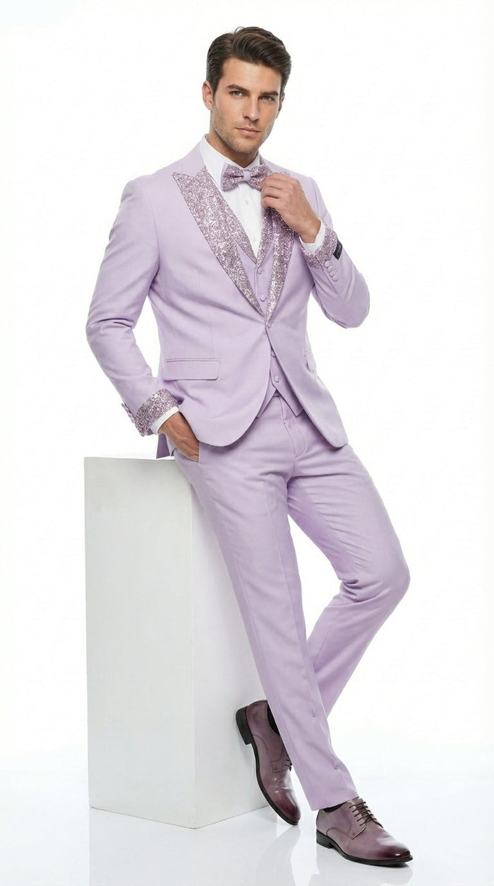 Men’s Lilac Suit with Silver Glitter Sequin Lapel – Lilac and Silver Formal Tuxedo Suit for Prom, Wedding  Lavender Tuxedo