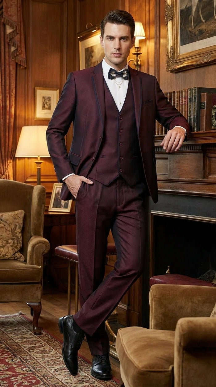 Men’s Burgundy Sharkskin Tuxedo with Satin Trim, Vested Formal Wedding and Prom Suit