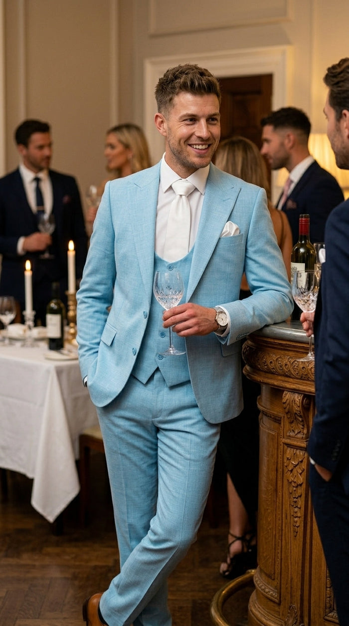 Men’s Turquoise Light blue Suit, Vested Formal Dress Suit for Weddings, Prom, Summer Parties, and Special Occasions in Aqua Blue Color By Rossiman