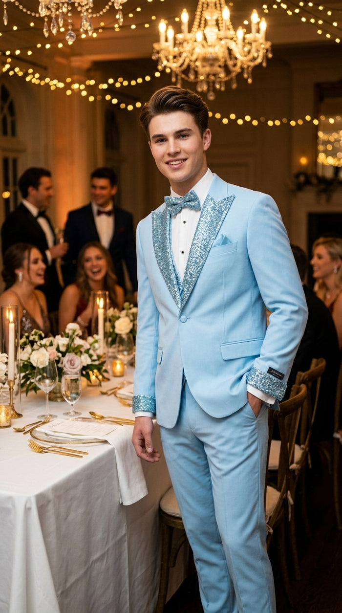 Men’s Baby Blue Prom Tuxedo Suit with Silver Rhinestone Sequin Lapel and Matching Vest