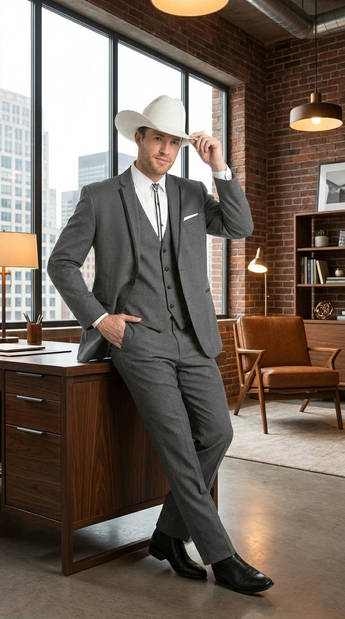 Men’s Dark Gray Western Sport Coat with Two Button Front, Notch Lapel Designer Blazer Jacket