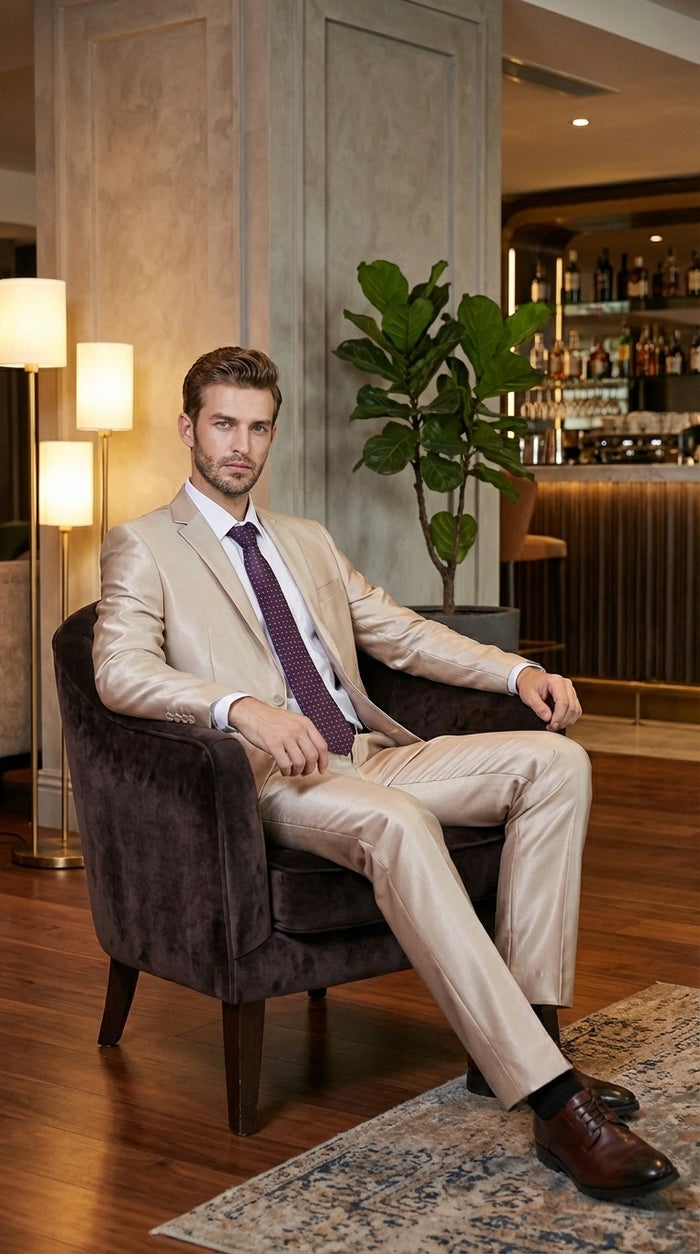 Men’s Champagne Tan Sharkskin 2 Button Suit – Sleek Formal Suit with Optional Vest for Wedding, Prom, Business Beige Color