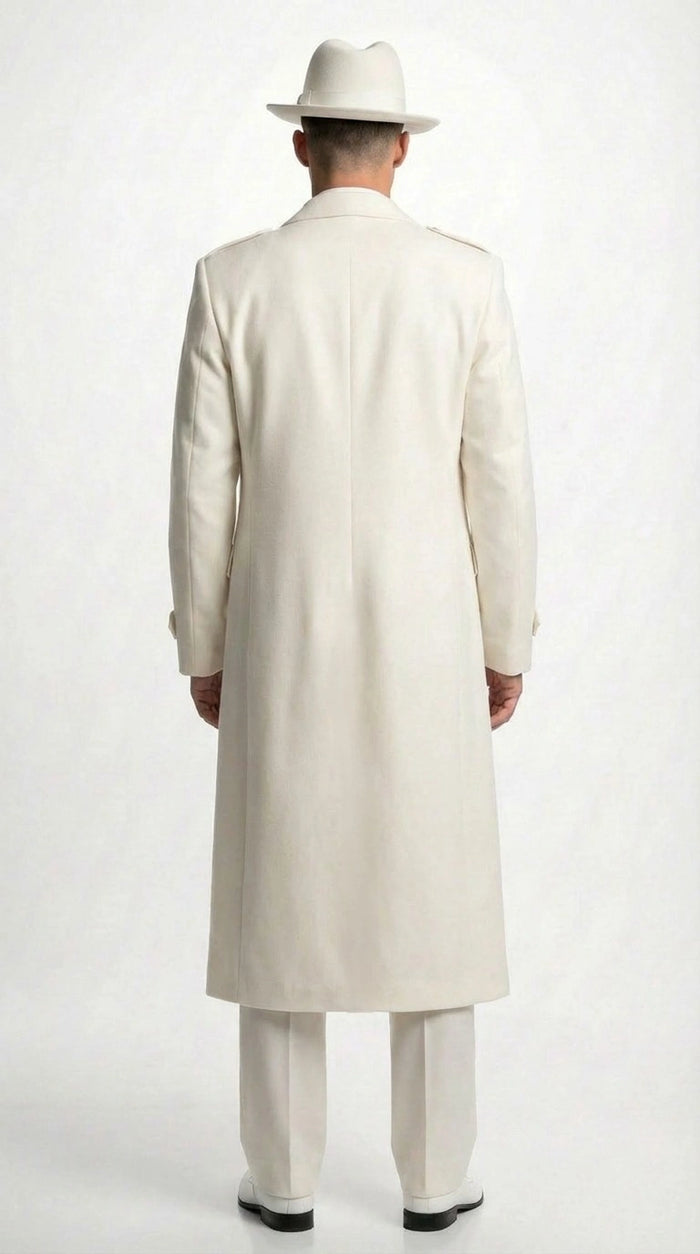 Men’s Ivory Cream Off White  Full Length Zoot Suit – Vintage Gangster Style Long Coat Formal Suit
