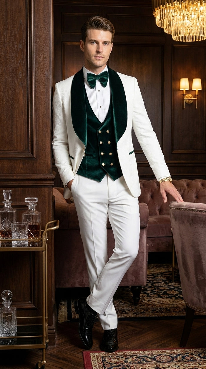 Men’s White and Green Tuxedo Wedding Suit with Shawl Lapel, Velvet Vest and Pants