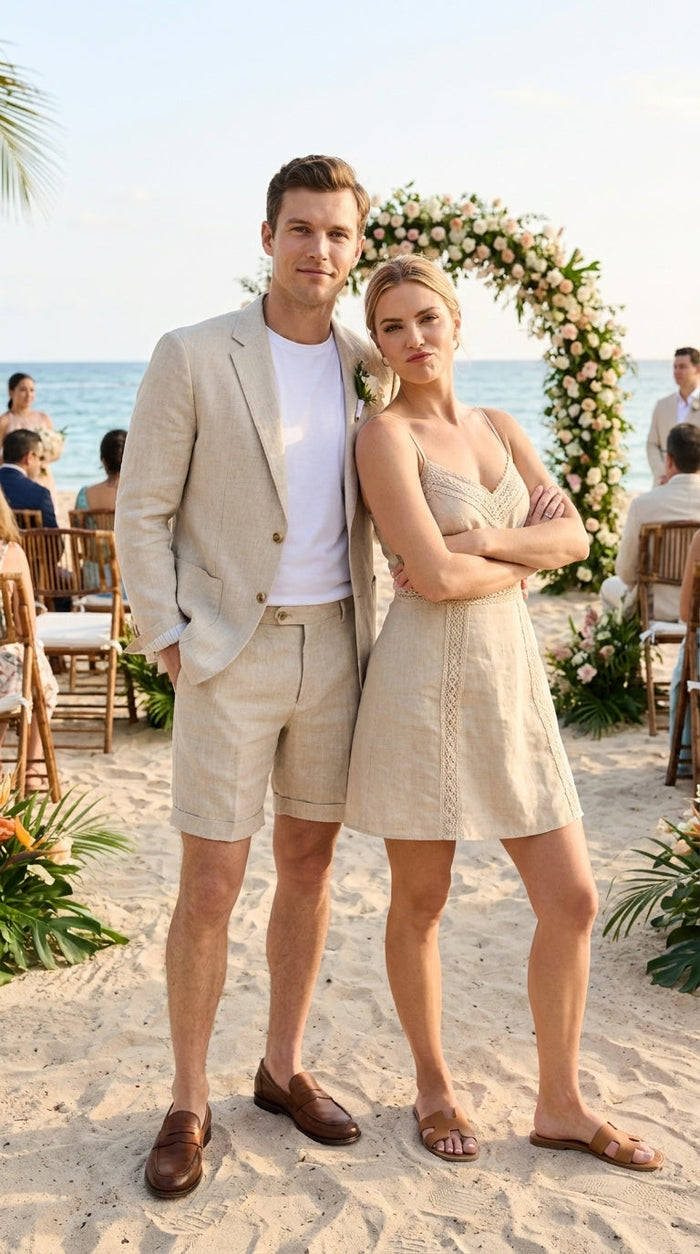 Men’s Tan Linen Suit with Shorts, 2 Piece Summer Short Suit, Casual Beach Wedding Outfit