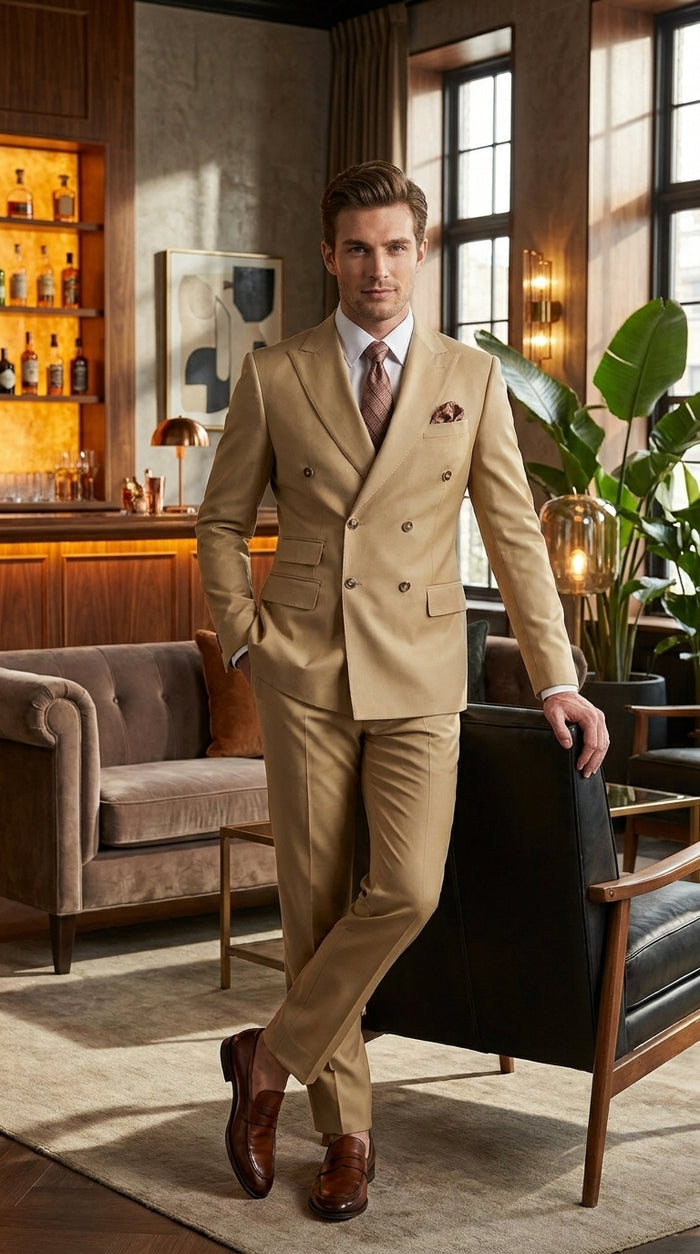 Mens Designer Modern Fit Double Breasted Designer Camel Gold Buttons Suit
