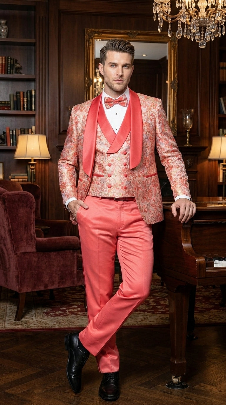 Men's One Button Paisley Wedding Tuxedo with Double Breasted Vest in Coral Orange