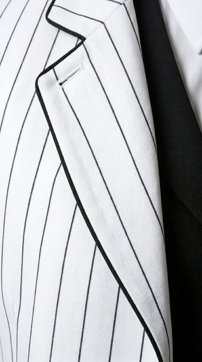 Men’s White Pinstripe 1920s Gangster 3 Piece Suit, Black Contrast Formal Costume Suit for Parties, Prom, Weddings, and Theme Events