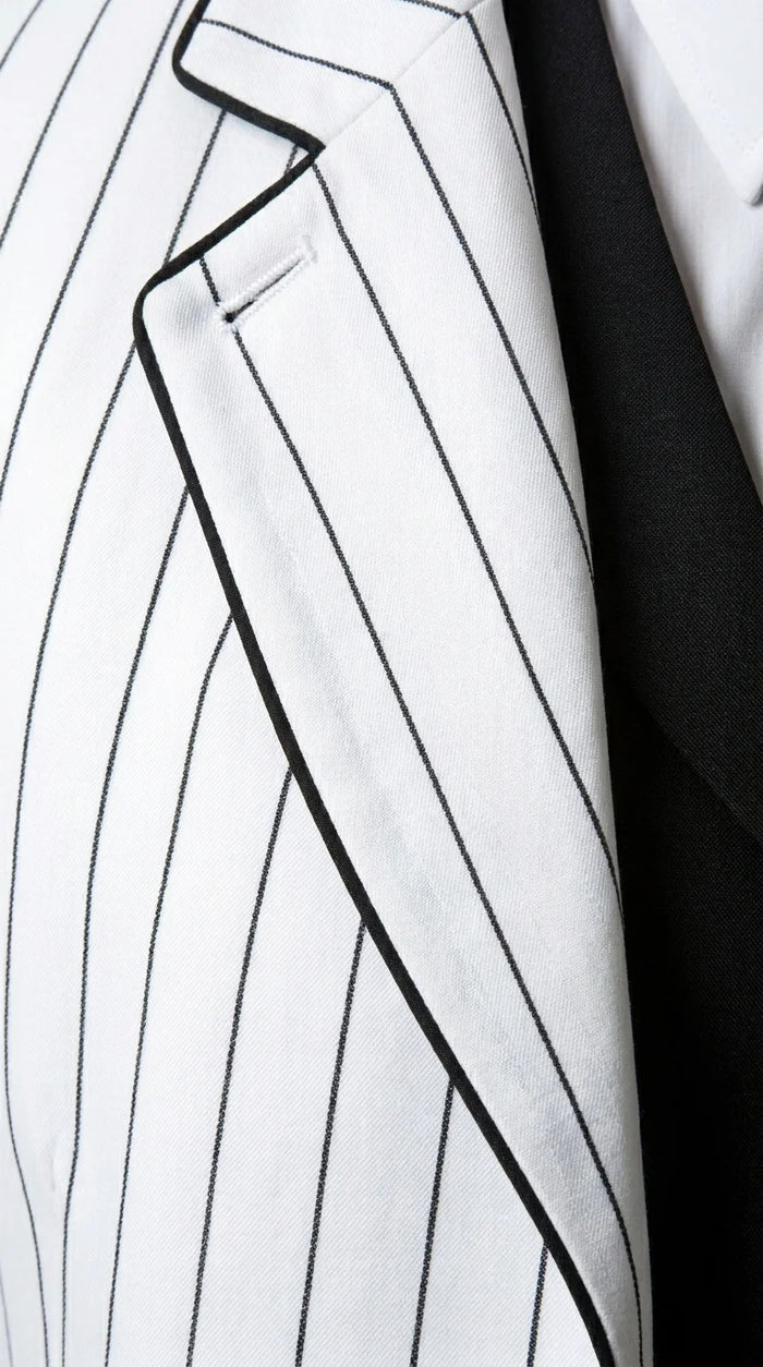 Men’s White Pinstripe 1920s Gangster 3 Piece Suit, Black Contrast Formal Costume Suit for Parties, Prom, Weddings, and Theme Events