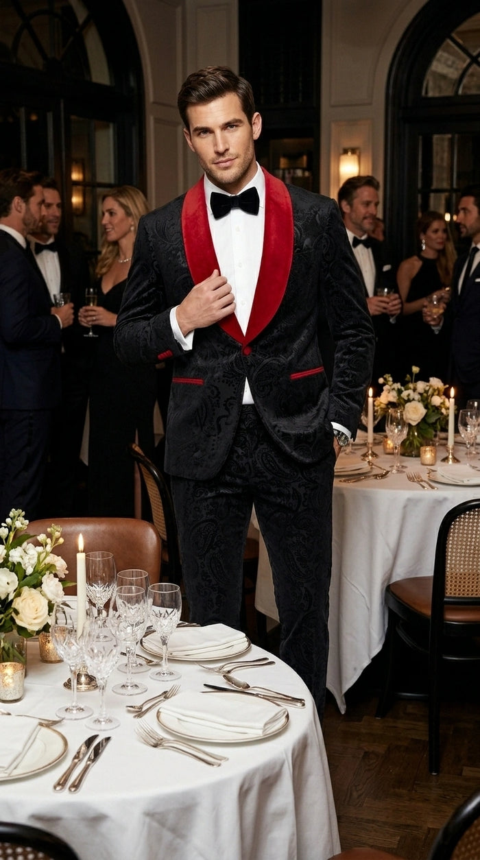 Men’s Black Paisley 2 Piece Suit with Red Shawl Lapel, Formal Wedding Prom Party Suit Set