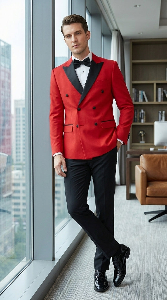 Men’s Red Double Breasted Wool Tuxedo with Black Lapel, Formal Wedding Prom Dinner Jacket
