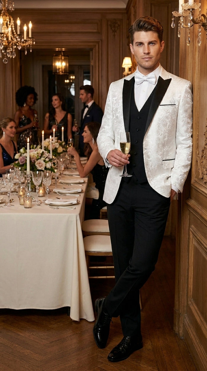 Men’s White Shiny Paisley Flower Pattern Tuxedo Jacket with Black Lapel, Formal Wedding Blazer