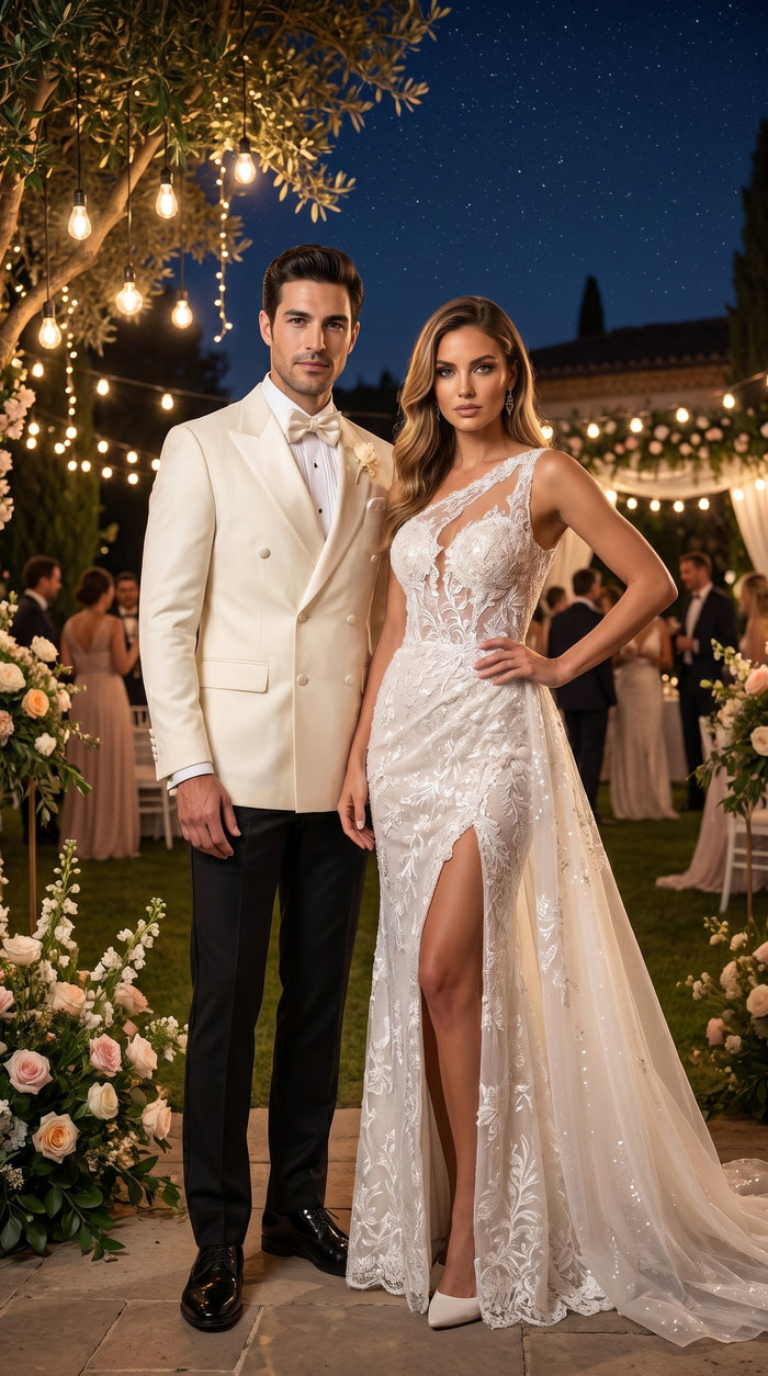 Men’s Ivory Double Breasted Dinner Jacket, Peak Lapel Formal Wedding Prom Tuxedo Blazer in cream off white color