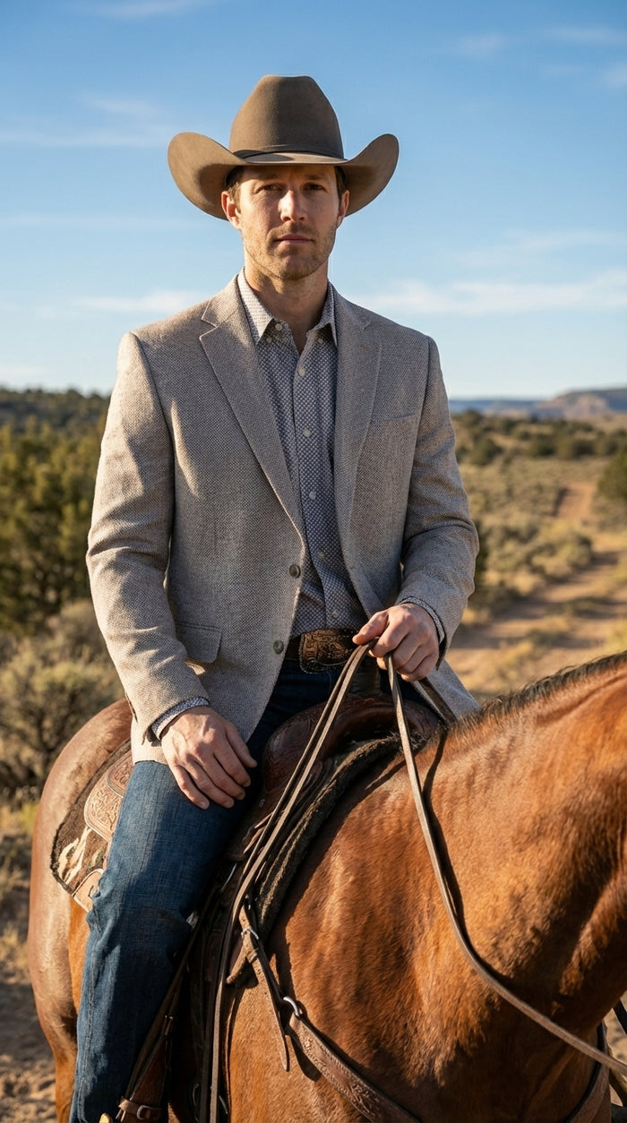 Mens Textured  Light Grey Western Blazer – Cowboy Style Casual Sport Coat for Men Classic Western Jacket