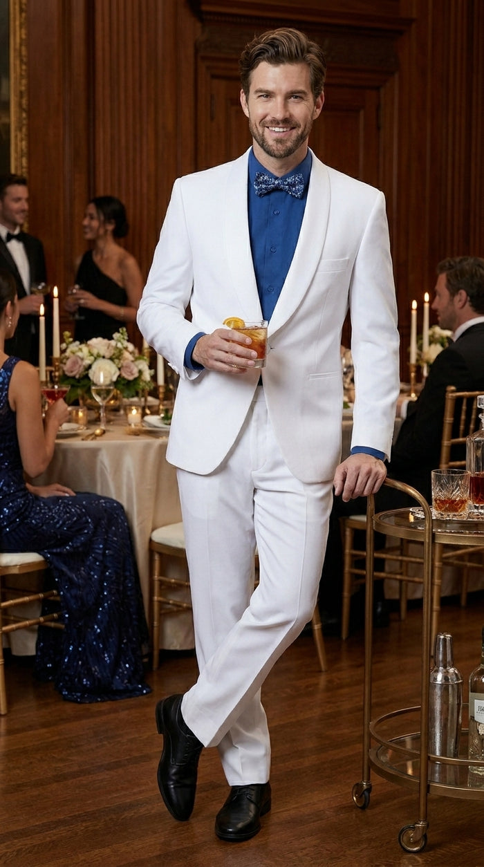 Men’s White Classic Microfiber Shawl Tuxedo with Jacket and Pants, Formal Wedding Dinner Suit
