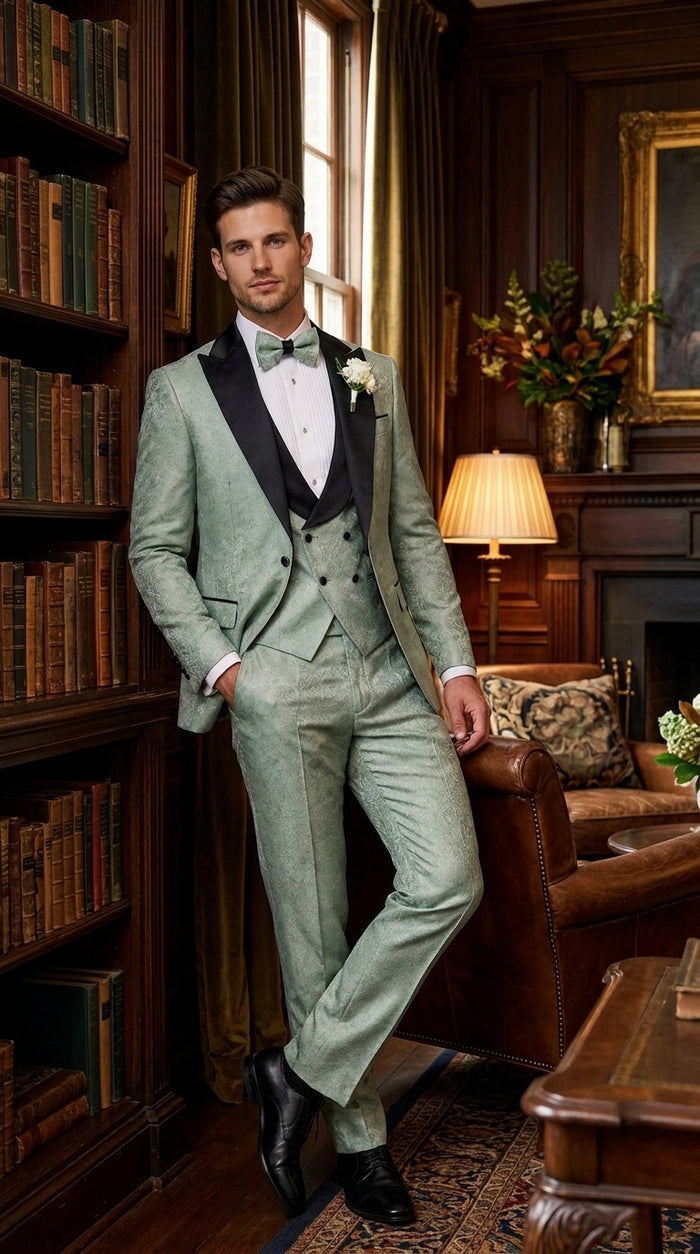 Men’s Sage Green Wedding Tuxedo with Black Shawl Lapel – 3 Piece Groom Prom Suit Mintish Color