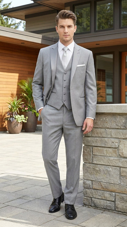Men’s Light Grey Vested Tuxedo with One Button Jacket, Peak Lapel and Matching Pants