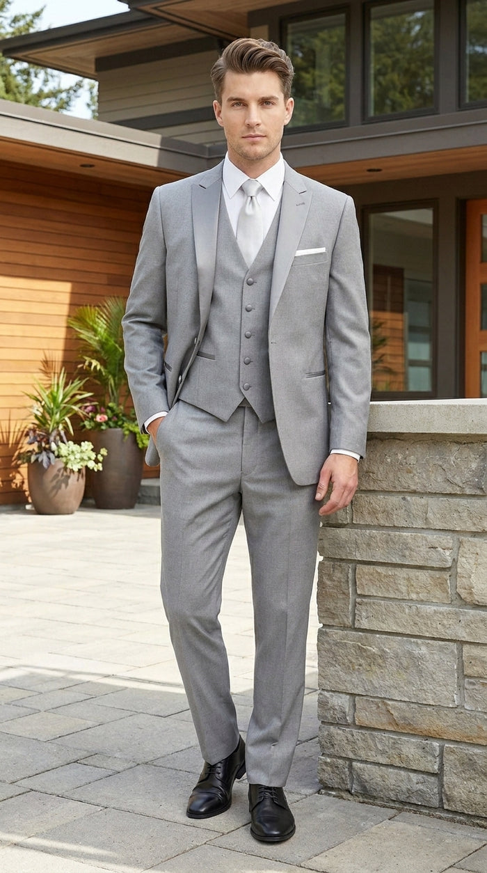 Men’s Light Grey Vested Tuxedo with One Button Jacket, Peak Lapel and Matching Pants