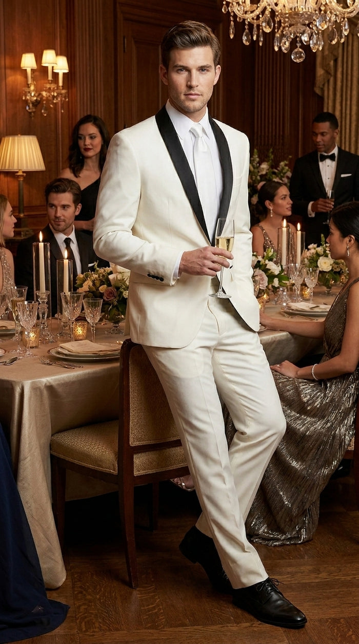 Men’s Ivory and Black Shawl Tuxedo Suit with Jacket and Pants, Formal Wedding Dinner Suit