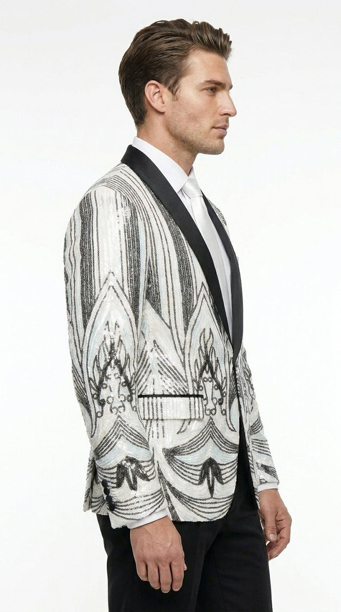 Men’s White and Black Patterned Tuxedo Blazer – Luxury Designer Dinner Jacket for Wedding, Prom and Formal Events New Year Christmas Holiday