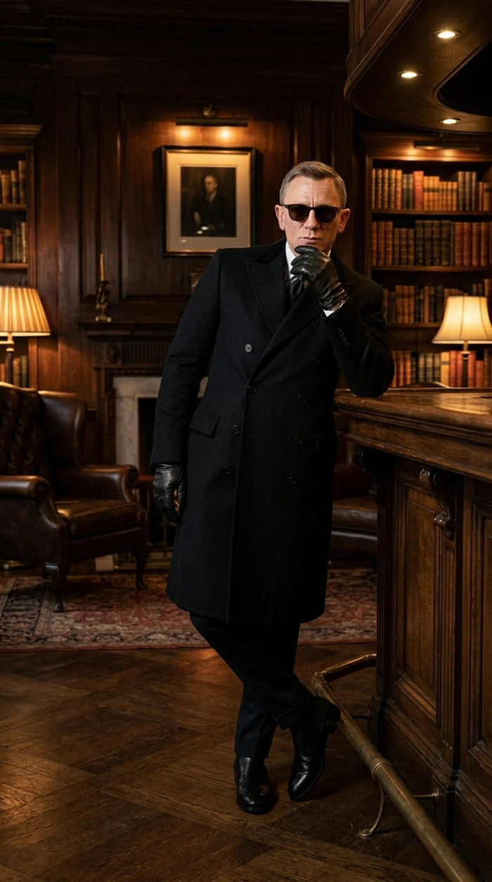 Men’s Black Double Breasted Overcoat, James Bond Inspired Long Formal Coat for Weddings, Business Events, Parties, and Winter Occasions