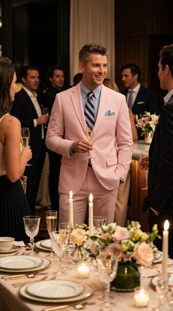Men’s Pink Seersucker 2 Piece Suit, Lightweight Summer Dress Suit for Weddings, Prom, Parties, and Special Occasions