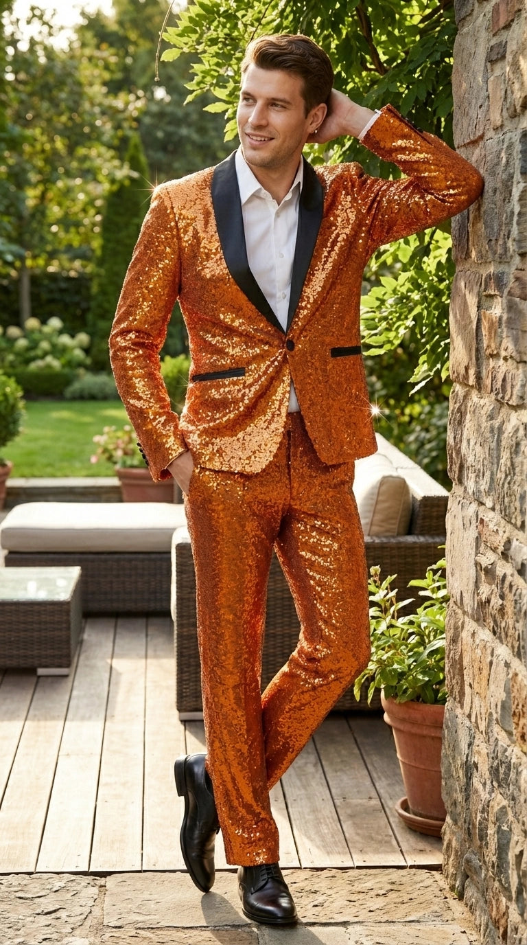 Mens Orange Sequin Tuxedo Suit – Shiny Wedding Suit Set with Black Lapel for Prom, Party, Gala and Formal Evening Wear - Goldish Orange