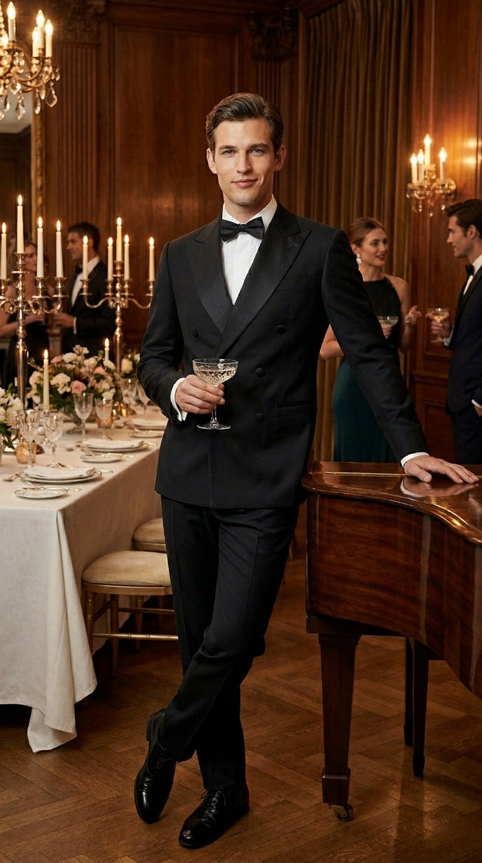 Men’s Black Double Breasted Tuxedo Jacket with Satin Peak Lapel, Formal Wedding Dinner Blazer