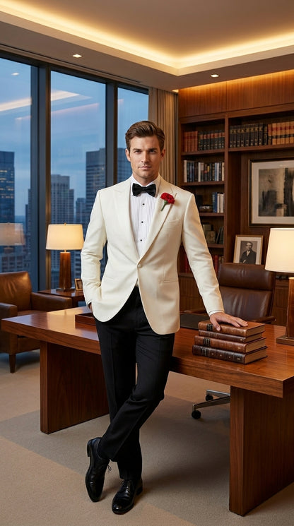 Men’s Ivory White Formal Dinner Suit Set with Jacket and Pants, Classic Wedding Tuxedo Style