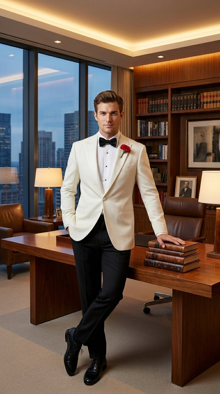 Men’s Ivory White Formal Dinner Suit Set with Jacket and Pants, Classic Wedding Tuxedo Style