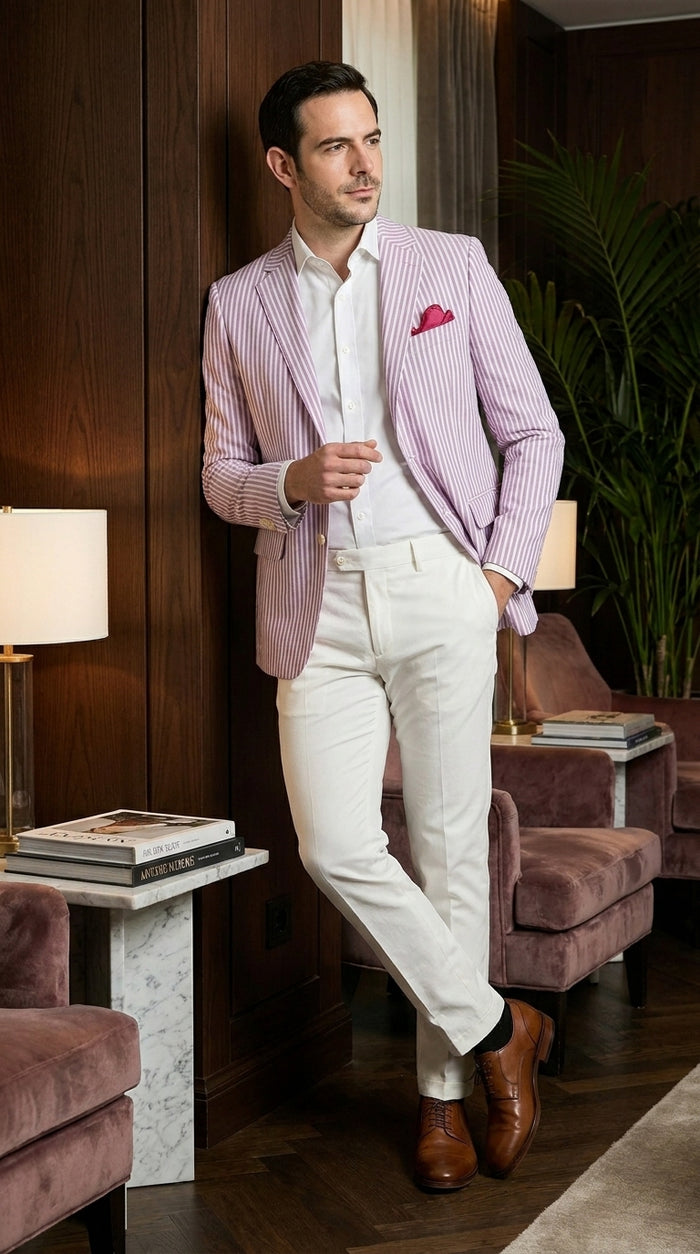 Men's Italian Lavender Seersucker Blazer Lightweight Summer Striped Suit Jacket