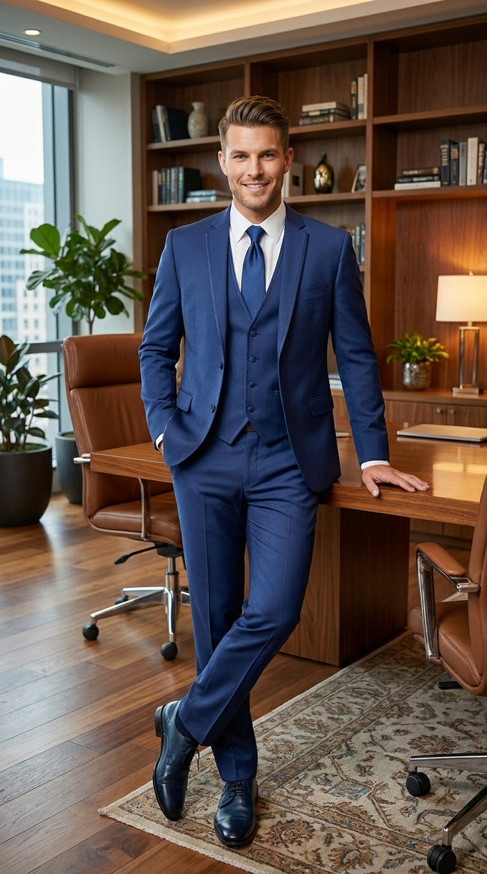 Men’s Blue 3 Piece Vested Tuxedo with 2 Button Jacket, Satin Trim and Matching Pants