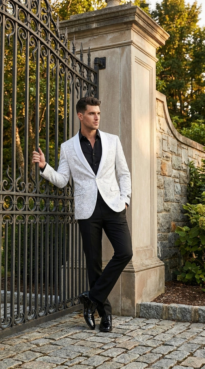 Men’s White Tonal Paisley Tuxedo Jacket with Satin Shawl Lapel, Wedding and Prom Dinner Blazer