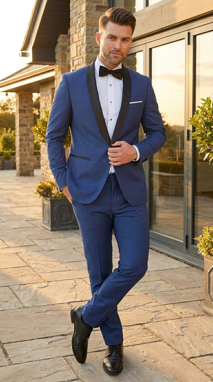 Men’s Indigo Shawl Prom Tuxedo with Black Lapel, One Button Jacket and Matching Pants