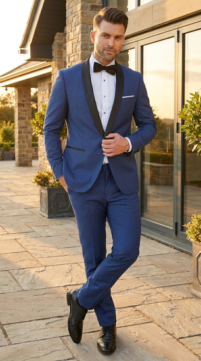 Men’s Indigo Shawl Prom Tuxedo with Black Lapel, One Button Jacket and Matching Pants