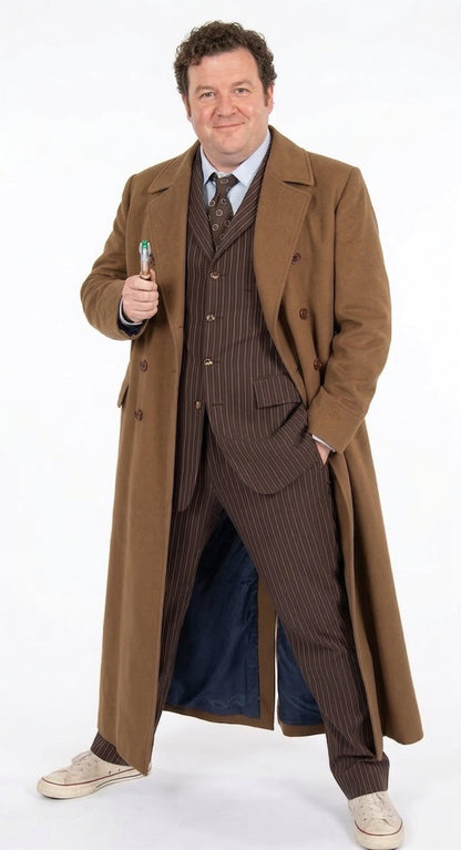 Men’s Brown Cotton Trench Coat Doctor Who 10th Doctor Inspired Long Coat – Classic Gabardina Style Overcoat, Vintage Winter Costume Jacket