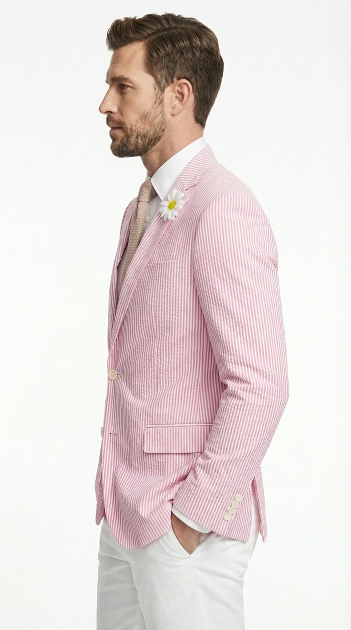 Men's Pink Seersucker Blazer – Lightweight Striped Summer Sport Coat Casual Smart Formal Jacket
