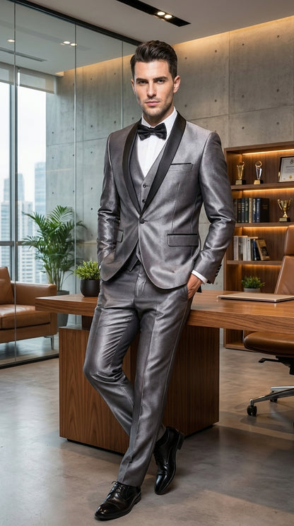 Men’s Silver Grey Sharkskin Vested Tuxedo with 1 Button Jacket, Shawl Lapel and Matching Pants