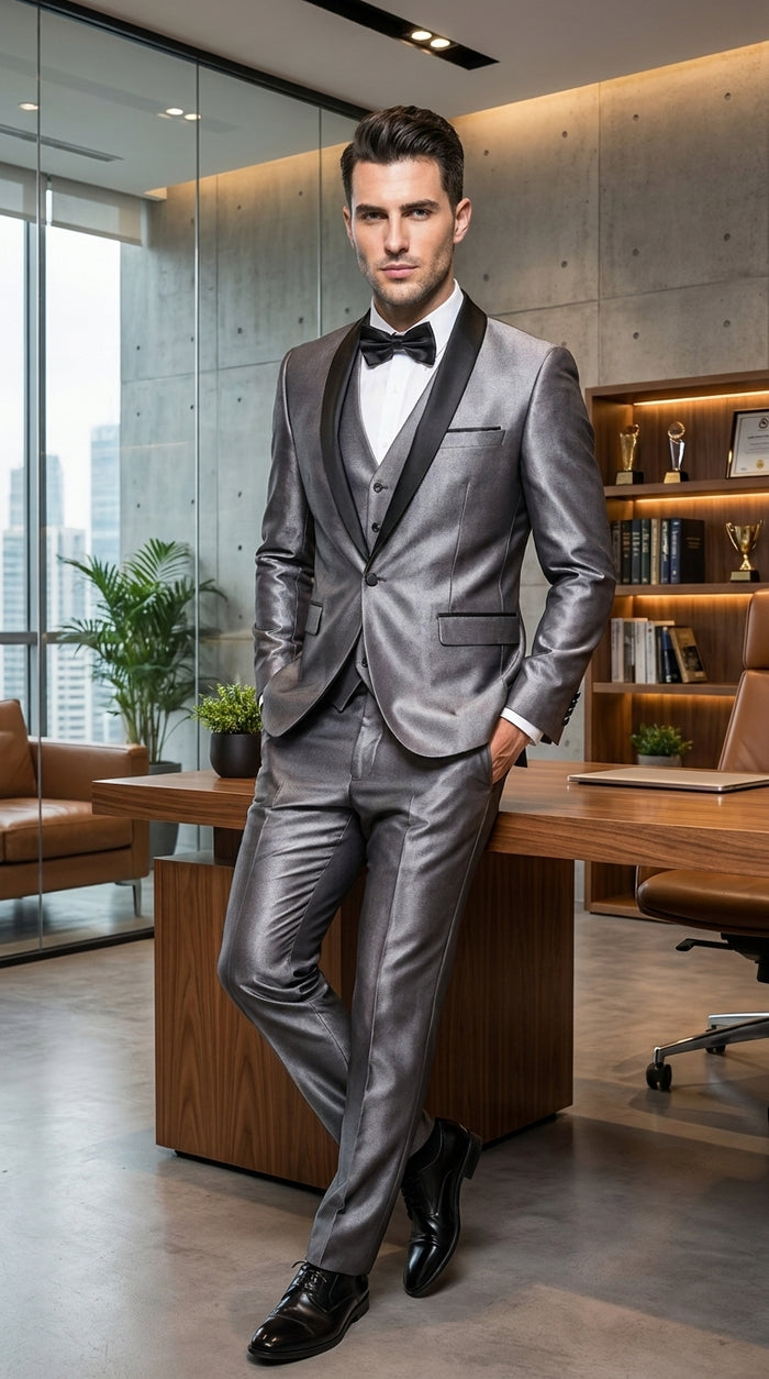 Men’s Silver Grey Sharkskin Vested Tuxedo with 1 Button Jacket, Shawl Lapel and Matching Pants