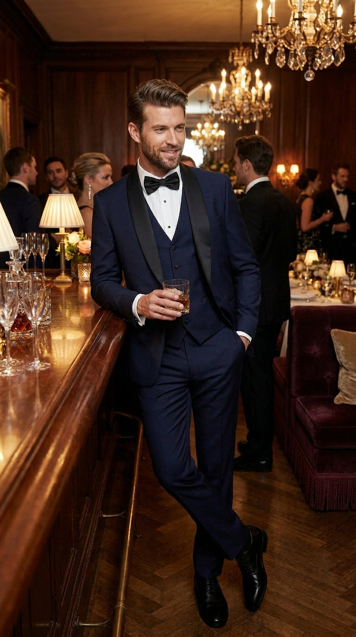 Men’s Navy Blue Vested Wool Tuxedo with 1 Button Jacket, Black Shawl Lapel and Matching Pants