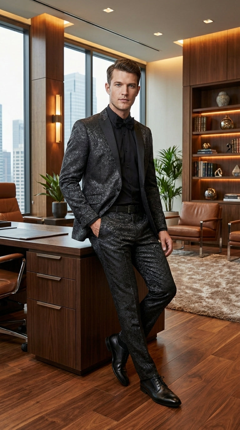 Men’s Black Paisley Wedding and Prom Tuxedo with One Button Jacket, Formal Dinner Suit