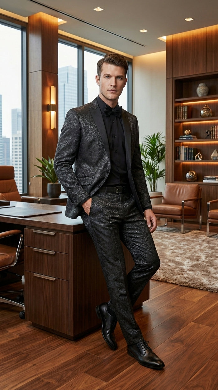 Men’s Black Paisley Wedding and Prom Tuxedo with One Button Jacket, Formal Dinner Suit