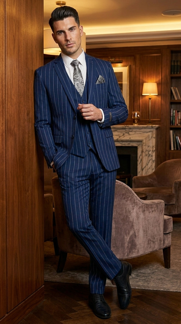 Men’s Navy Blue 1920s Gangster Stripe Vested Suit with White Pinstripes, 2 Button Dress Suit