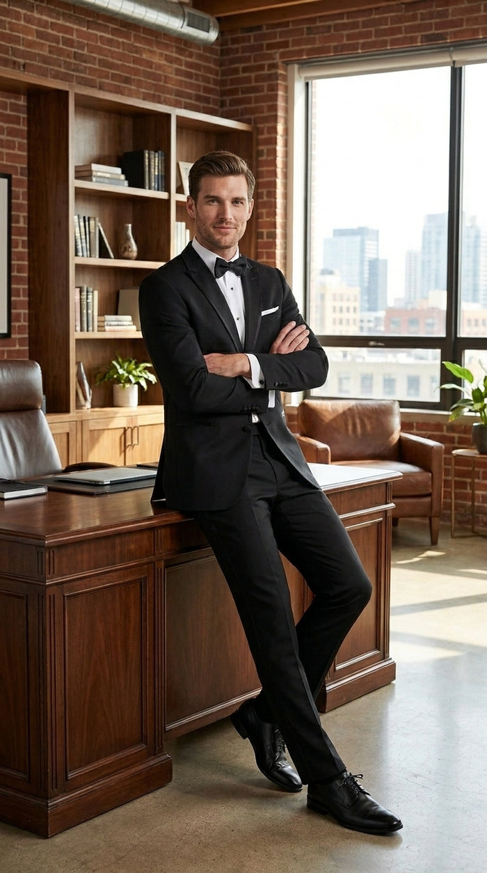 Men’s Black Designer Peak Trim Ashton Tuxedo with Satin Lapel, Formal Wedding Dinner Suit