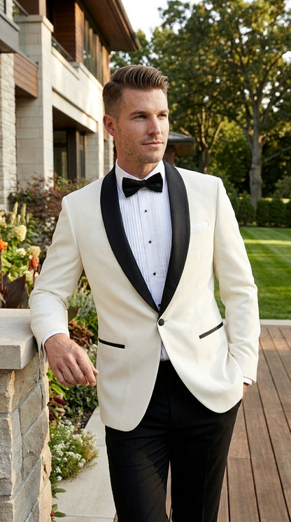 Men’s Ivory Dinner Jacket Blazer with Black Shawl Lapel, Formal Wedding Tuxedo Sport Coat