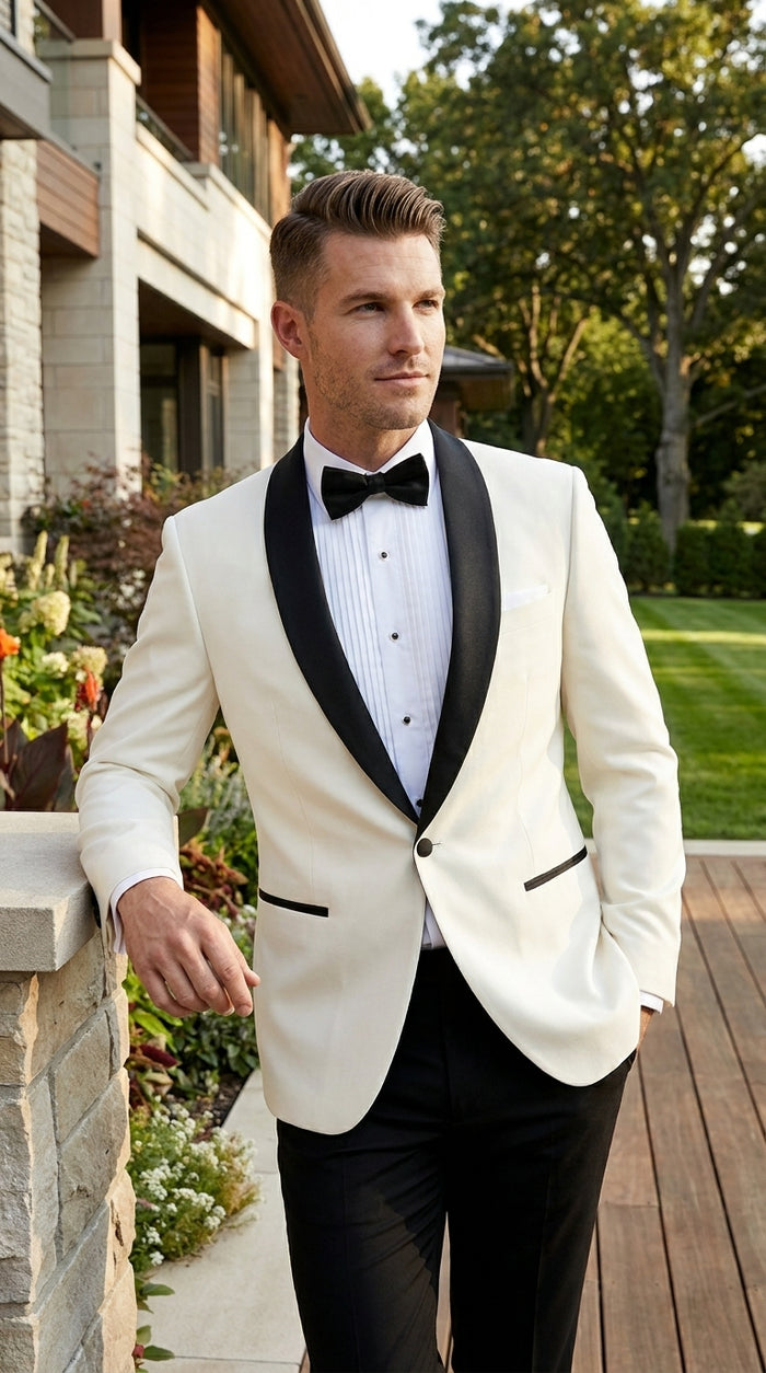 Men’s Ivory Dinner Jacket Blazer with Black Shawl Lapel, Formal Wedding Tuxedo Sport Coat